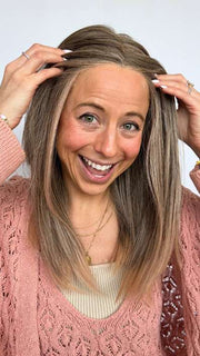 Kristin wearing SLEEK by ELLEN WILLE in color POWDER BLONDE TIPPED | Light Brown and Lightest Ash Blonde with Red Violet Blended with Pale Pink and Lighter Tipped Ends