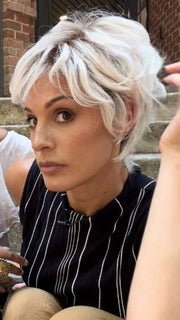 Roxie @thelovelyroxx wearing COVER by ELLEN WILLE in color PLATIN BLONDE ROOTED 1001.101 | Winter White with Pearl Platinum Blend and Shaded Roots