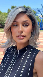 Roxie @thelovelyroxx wearing DESTINY by ELLEN WILLE in DARK SNOW ROOTED 56.60.48 | Lightest Brown Blended with Grey and Pearl White with Shaded Roots