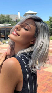 Roxie @thelovelyroxx wearing DESTINY by ELLEN WILLE in DARK SNOW ROOTED 56.60.48 | Lightest Brown Blended with Grey and Pearl White with Shaded Roots