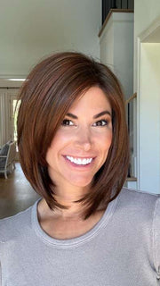 Katy C. @thewigeducator wearing FINDLEY by AMORE in color CHERRY-BROWN-R | Medium Rich Brown and Soft Reddish Brown Base with Medium Red Highlights