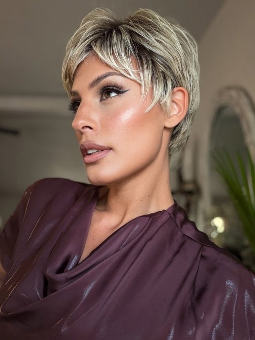 Roxie wearing BOSS ENERGY by GABOR in GF19-23SS BISCUIT | Light Ash Blonde Evenly Blended with Cool Platinum Blonde with Dark Roots
