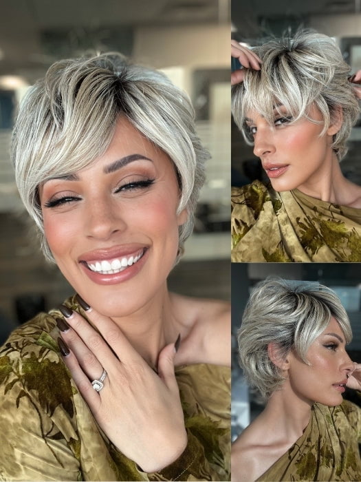 ROXIE wearing EDGE FACTOR by GABOR in GF19-23SS BISCUIT | Light Ash Blonde Evenly Blended with Cool Platinum Blonde with Dark Roots