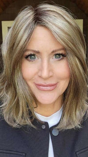 Natalie @vanish.into.thin.hair wearing DESTINY by ELLEN WILLE in color SAND MULTI ROOTED | Lightest Brown and Medium Ash Blonde Blend with Light Brown Roots