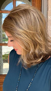 Jenny B. @thewiggygirl wearing CLARA by RENE OF PARIS in color GOLDEN-TRUFFLE-BLOND | Champagne Blond with hints of Pale Cream and Shimmering Gold Highlights
