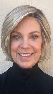Susan @an_affair_with_hair wearing FLASH FORWARD by RAQUEL WELCH WIGS in color RL19/23SS SHADED BISCUIT | Light Ash Blonde Evenly Blended with Cool Platinum Blonde with Dark Roots