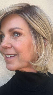 Susan @an_affair_with_hair wearing FLASH FORWARD by RAQUEL WELCH WIGS in color RL19/23SS SHADED BISCUIT | Light Ash Blonde Evenly Blended with Cool Platinum Blonde with Dark Roots