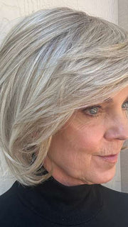 Susan @an_affair_with_hair wearing FLASH FORWARD by RAQUEL WELCH WIGS in color RL19/23SS SHADED BISCUIT | Light Ash Blonde Evenly Blended with Cool Platinum Blonde with Dark Roots