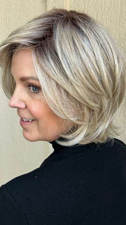 Susan @an_affair_with_hair wearing FLASH FORWARD by RAQUEL WELCH WIGS in color RL19/23SS SHADED BISCUIT | Light Ash Blonde Evenly Blended with Cool Platinum Blonde with Dark Roots