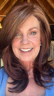 Susan @an_affair_with_hair wearing MIRANDA by JON RENAU in color 32F CHERRY CREME | Medium Red & Medium Red-Gold Blonde Blend with Medium Red Nape | window natural lighting