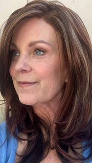 Susan @an_affair_with_hair wearing MIRANDA by JON RENAU in color 32F CHERRY CREME | Medium Red & Medium Red-Gold Blonde Blend with Medium Red Nape | outdoor lighting