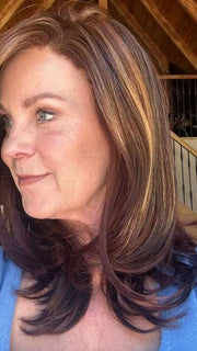 Susan @an_affair_with_hair wearing MIRANDA by JON RENAU in color 32F CHERRY CREME | Medium Red & Medium Red-Gold Blonde Blend with Medium Red Nape | outdoor lighting