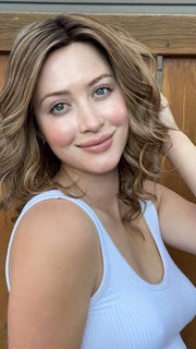 Steph B. @wigswithsteph wearing OAKLY by AMORE in color HIGHLIGHTED-BROWN-ROOT | Medium Brown Base with a combination of Light Cool Blond and Dark Warm Blond Highlights.
