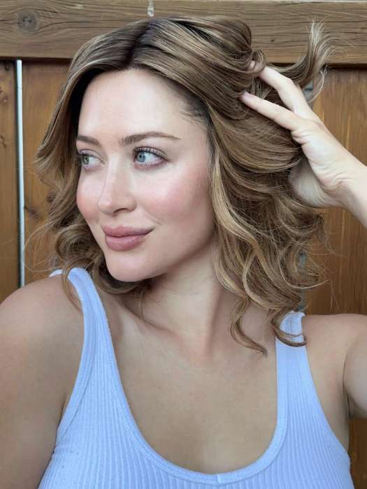 Steph B. @wigswithsteph wearing OAKLY by AMORE in color HIGHLIGHTED-BROWN-ROOT | Medium Brown Base with a combination of Light Cool Blond and Dark Warm Blond Highlights.
