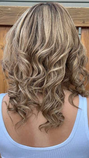 Steph B. @wigswithsteph wearing OAKLY by AMORE in color HIGHLIGHTED-BROWN-ROOT | Medium Brown Base with a combination of Light Cool Blond and Dark Warm Blond Highlights.
