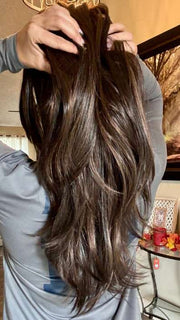 Nichole @nichole.alee wearing ZARA by JON RENAU in color FS4/33/30A MIDNIGHT COCOA | Dark Brown, Medium Red, Medium Natural Red Blonde/Brown Blend with Medium Natural Red Blonde/Brown Blend Bold Highlights
