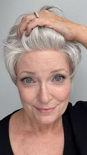 Mel B. @mels.be.ageless wearing COCO by ELLEN WILLE in color SNOW-MIX | Pure Silver White with 10% Medium Brown & Silver White with 5% Light Brown blend
