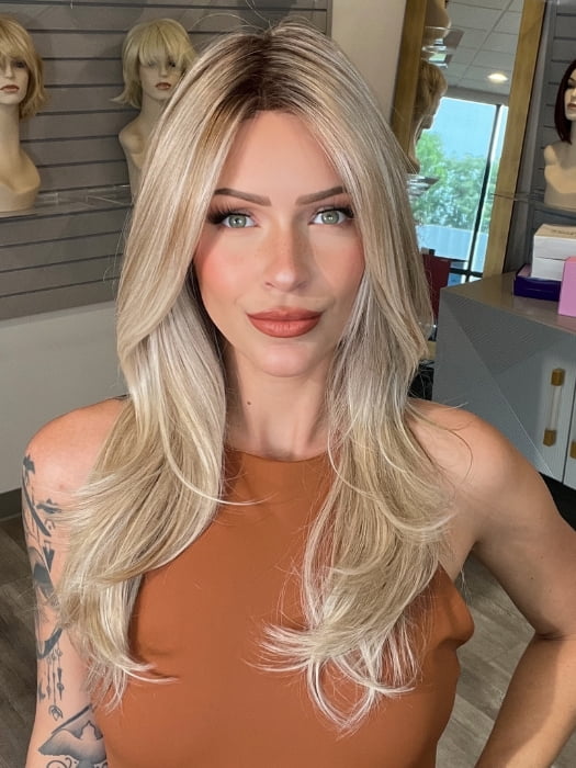 Madeline wearing SPEARS by BELLETRESS in MILKSHAKE BLONDE R | A mixture of Light Sandy Brown, Highlighted with Light Ash Blonde with a Hint of Light Platinum Blonde with a Medium Root Color