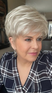 Donna @style.me.ageless wearing SPARKLE by RAQUEL WELCH WIGS in color R23S+ GLAZED VANILLA | Cool Platinum Blonde with Almost White Highlights