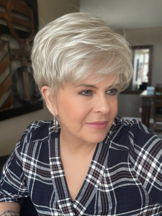 Donna @style.me.ageless wearing SPARKLE by RAQUEL WELCH WIGS in color R23S+ GLAZED VANILLA | Cool Platinum Blonde with Almost White Highlights