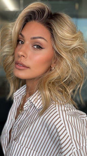 Roxie wearing DEMI by ELLEN WILLE in SAHARA BEIGE ROOTED | Light Golden Blonde and Lightest Golden Blonde with Light Honey Blonde Blend and Shaded Roots