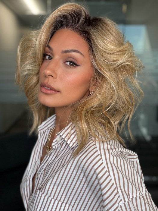 Roxie wearing DEMI by ELLEN WILLE in SAHARA BEIGE ROOTED | Light Golden Blonde and Lightest Golden Blonde with Light Honey Blonde Blend and Shaded Roots