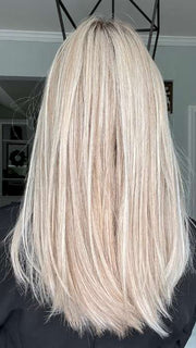 Jenna @jenna_fail wearing SLEEK by ELLEN WILLE in color PEARL BLONDE ROOTED 101.20.25 | Pearl Platinum Blended with Light Strawberry Blonde and Lightest Golden Blonde with Shaded Roots