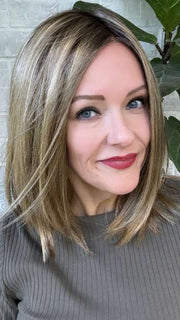 Marcie Mertz @wig.obsessed wearing SUTTON by ESTETICA in color RH12/26RT4 | Light Brown w/Fine Golden Blonde Highlights And Dark Roots
