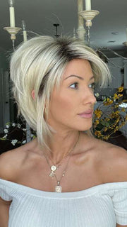 Jenna Fail @jenna_fail wearing REESE by NORIKO in color CHAMPAGNE-R | Rooted Dark Blonde with Platinum Blonde Blended Base