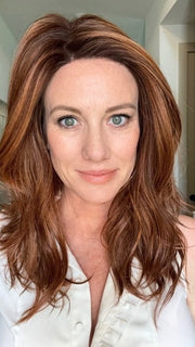 Jenny B. @thewiggygirl wearing LEONI by RENE OF PARIS in color AUTUMN SUNRISE | Neutral Medium-Brown Tone, softly blended with Light Ash Blonde