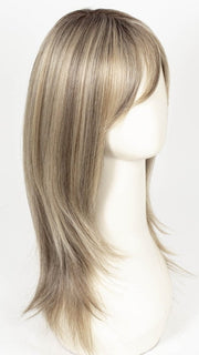 SPARKLING CHAMPAGNE R | Medium Ash Brown roots transition into Shimmering Champagne Blonde characterized by Pale Golden Hues with subtle Ivory and Platinum undertones reminiscent of a sparkling glass of bubbly
