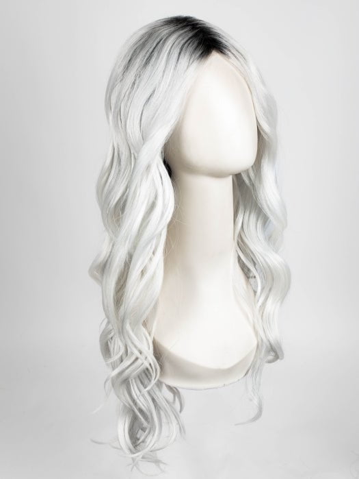 Model is wearing ETHEREAL ICE | Natural dark roots melt into an icy white shade for a beautiful contrast. 
