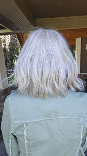 Natalie @vanish.into.thin.hair wearing HOLLIE by JON RENAU in color 56F51 OYSTER | Light Grey with 20% Medium Brown Front, graduating to Grey with 30% Medium Brown Nape