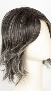 RUFFLE-RIBBON-R | Off-Black base with Warm Medium Brown and Silver highlights. The Dark Brown Root creates a naturally dimensional appearance