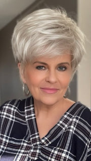 Donna @style.me.ageless wearing SPARKLE by RAQUEL WELCH WIGS in color R23S+ GLAZED VANILLA | Cool Platinum Blonde with Almost White Highlights