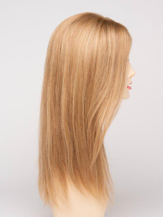 Color Sparkling Champagne = Medium brown at roots-overall strawberry blonde highlighted with soft golden blonde
