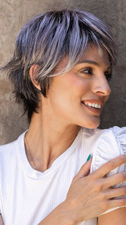 Roxie wearing SKY by ELLEN WILLE in  METALLIC PURPLE ROOTED | Pearl Platinum and Pure White with Black and Purple Blended throughout with Shaded Roots