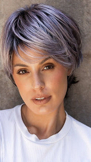 Roxie wearing SKY by ELLEN WILLE in  METALLIC PURPLE ROOTED | Pearl Platinum and Pure White with Black and Purple Blended throughout with Shaded Roots