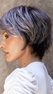 Roxie wearing SKY by ELLEN WILLE in  METALLIC PURPLE ROOTED | Pearl Platinum and Pure White with Black and Purple Blended throughout with Shaded Roots