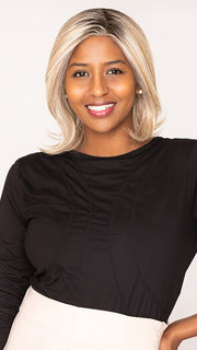 Sophia wearing TAKE A BOW by RAQUEL WELCH in RL19/23SS SHADED BISCUIT | Light Ash Blonde Evenly Blended with Cool Platinum Blonde with Dark Roots