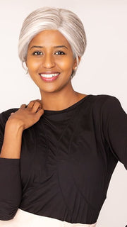 Sophia wearing MONOLOGUE by RAQUEL WELCH in RL51/61 ICED GRANITA | Lightest Grey Progresses to a Deep Grey at the Nape