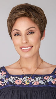 Roxie wearing STRAIGHT CHIC by RAQUEL WELCH in RL10/12 SUNLIT CHESTNUT | Light Chestnut Brown Evenly Blended with Light Brown