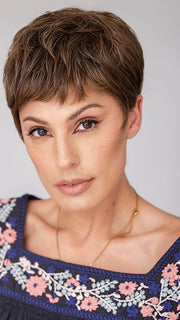 Roxie wearing STRAIGHT CHIC by RAQUEL WELCH in RL10/12 SUNLIT CHESTNUT | Light Chestnut Brown Evenly Blended with Light Brown