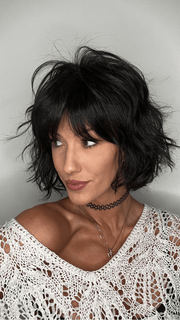 Jenna Fail @jenna_fail wearing BREEZY WAVE CUT by HAIRDO in color R4 MIDNIGHT BROWN | Darkest Brown