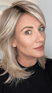 Jenny B. @thewiggygirl wearing LUNA by ELLEN WILLE in color LIGHT-CHAMPAGNE-SHADED 101.23.20 | Lightest Neutral Blonde with Light Blonde and Silver White blend with light shaded roots