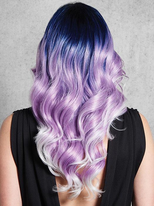 Color melt featuring cobalt blue, lavender and silver with a dark rooted base and graduating lighter towards the ends.
