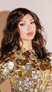 Maha wearing ARROW by ELLEN WILLE in CHOCOLATE ROOTED | Medium to Dark Brown base with Light Reddish Brown highlights and Dark Roots