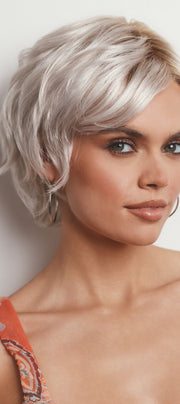 Model is wearing ASHA by RENE OF PARIS in GHOST BLOND R | Rooted Pearl Cream Blond with Platinum Undertones
