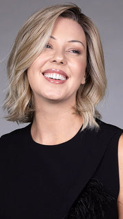 Model is wearing BUTTERCAKE BLONDE-R | A neutral-warm blonde blend featuring light brown, ash, and lightest blonde tones with natural-looking darker roots for added depth and realism.