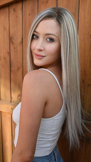 Steph @wigswithsteph wearing KIM by JON RENAU in FS17/101S18 PALM SPRINGS BLONDE | Light Ash Blonde with Pure White Natural Violet Bold Highlights, Shaded with Dark Natural Ash Blonde | Washed with purple shampoo